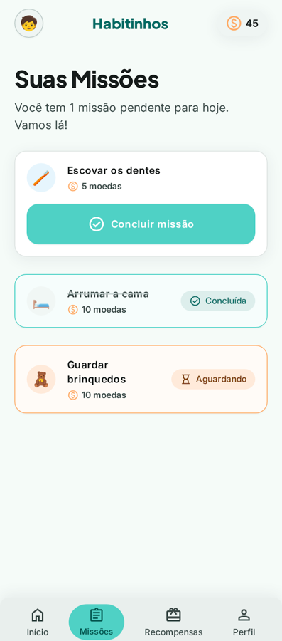 Tela de missões da criança no Habitinhos com moedas e status