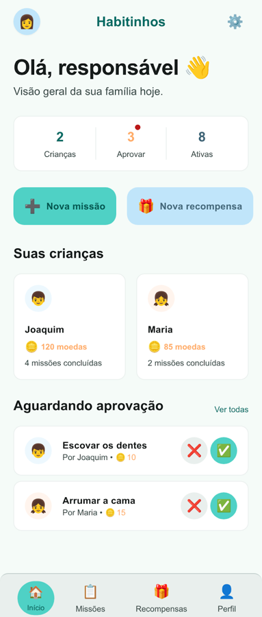 Tela do app Habitinhos com painel do responsável, missões e aprovações